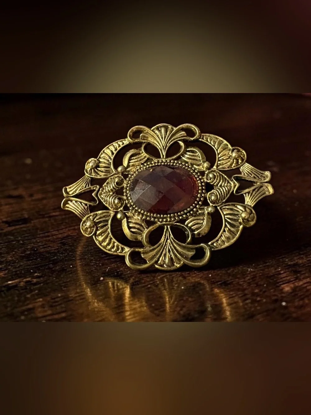 Vintage UV Reactive Blue Filigree Brooch Glow Glass Art Deco Brass Statement Pin